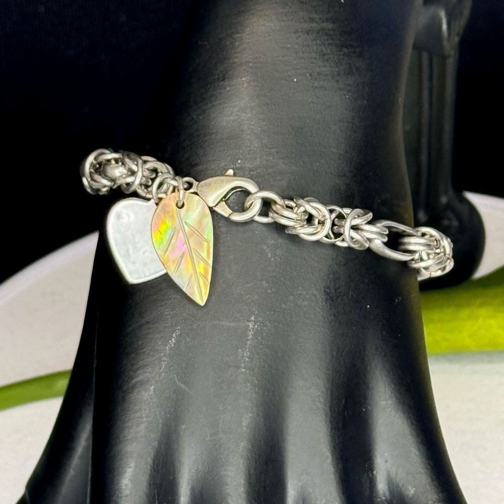 Silver Tone Weave Link Charm Bracelet Heart & Leaf Charm 7 inch